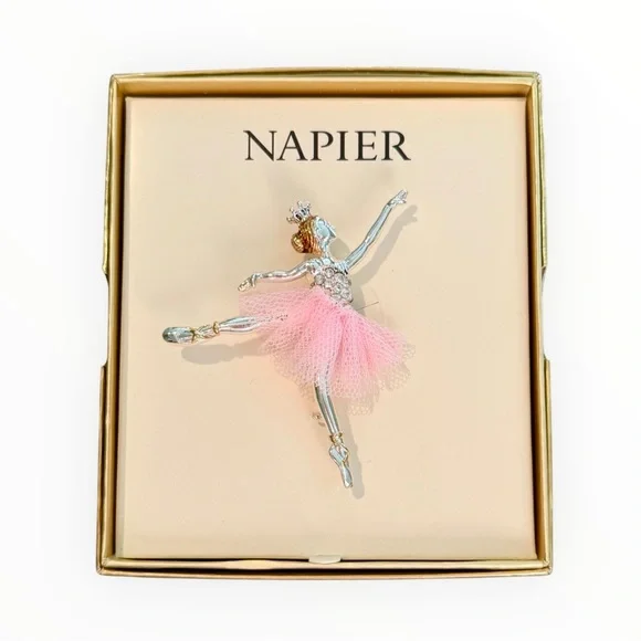 NWT Napier Jeweled Two Tone Pink Ballerina Brooch Pin Pink Net Tutu Gift Box - Picture 1 of 2